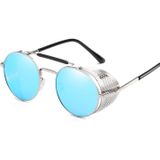 Retro ronde metalen zonnebrillen Unisex design UV-bescherming glazen (zilver + blauw)