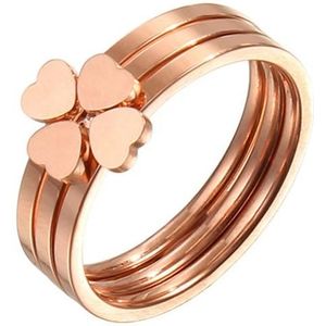 2 PCS 3 In 1 Titanium Steel Peach Heart Combination Four-Leaf Clover Couple Ring  Size: US Size 5(Rose Gold)