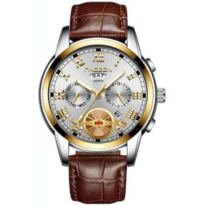 FNGEEN 4001 Heren Niet-Mechanisch Horloge Multi-Functie Quartz Horloge  Kleur: Bruin leder Goud Wit Oppervlak