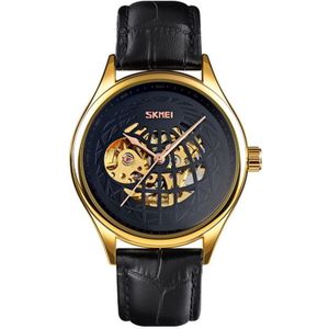 SKMEI 9209 Men Business Automatische Mechanische Horloge Ronde Holle Wijzerplaat Lederen Horloge horloge (Goud Zwart)