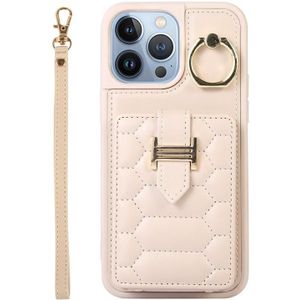 Voor iPhone 13 Pro Vertical Card Bag Ring Holder Phone Case met Dual Lanyard(Beige)