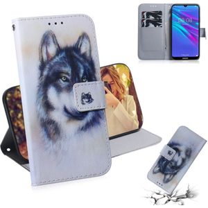 Witte Wolf patroon gekleurde tekening horizontale Flip lederen case voor Huawei Y6 (2019)  met houder & card slots & portemonnee