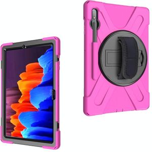 Voor Samsung Galaxy Tab S7 Plus Schokbestendige Kleurrijke Siliconen + PC Beschermhoes met Holder & Shoulder Strap & Handband (Rose Red)