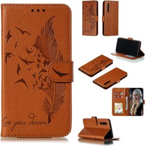 Feather patroon Litchi textuur horizontale Flip lederen draagtas met portemonnee & houder & kaartsleuven voor Huawei P30 (bruin)