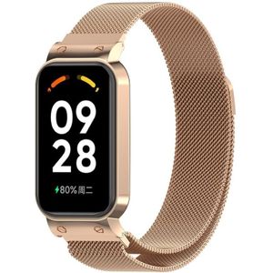 Voor Xiaomi Mi Band 8 Actieve Milan Magnetische Metalen Stalen Gaas Horlogeband + Horlogeframe (Rose Goud)