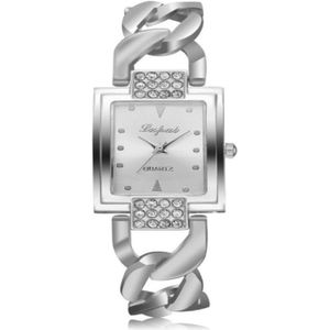 Vierkante wijzerplaat Diamond plated holle legering armband riem quartz horloge voor vrouwen (Zilveren band wit oppervlak)