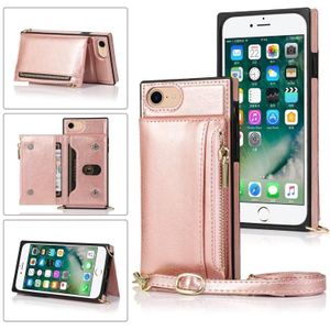 Square Zipper Wallet Bag TPU+PU Back Cover Case met Holder & Card Slots & Wallet & Cross-body Strap Voor iPhone SE 2020 / 8 / 7(Rose Glod)