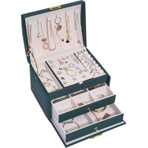 Drie-laags lederen lade type sieraden opbergdoos oorbellen doos met slot (donkergroen)