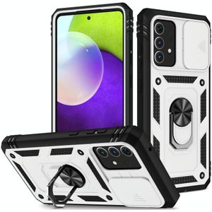For Samsung Galaxy A52 Sliding Camera Cover Design TPU + PC Protective Case with 360 Degree Rotating Holder & Card Slot(White+Black)