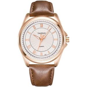 Yazole 336 Romeinse numerale wijzerplaat Mannen Zakelijke horloge Lichtgevende Quartz Horloge (Gold Shell White Lade Donkerbruine riem)