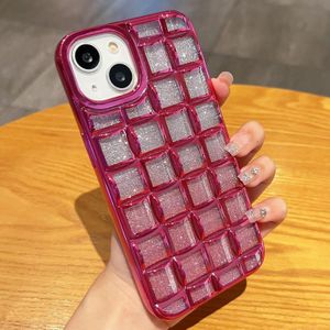 Voor iPhone 13 3D Grid Glitter papieren telefoonhoesje (roze rood)