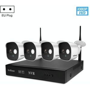 SriHome NVS002 1080P 4-kanaals NVR Kit draadloos beveiligingscamerasysteem  ondersteuning humanode detectie / bewegingsdetectie / nachtzicht  EU-stekker