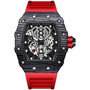 BINBOND B6577 Barrel Shape 30m waterdicht sport quartz horloge (rood siliconen-zwart-zwart)