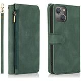 Skin-Feel Crazy Horse Textuur Zipper Portemonnee Bag Horizontale Flip Leren Case met Houder & Kaart Slots & Wallet & Lanyard voor iPhone 13 Mini (Dark Green)