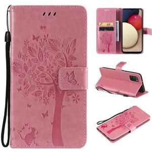 Tree & Cat Pattern Pressed Printing Horizontal Flip PU Leather Case with Holder & Card Slots & Wallet & Lanyard For Samsung Galaxy A03s(Pink)