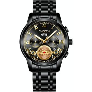FNGEEN 4001 Heren niet-mechanisch horloge multi-functie Quartz Horloge  Kleur: Zwart stalen zwarte oppervlak gouden nagels