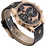 CAGARNY 6822 modieuze beknopte stijl grote Dial dubbele klok Rose Gold Case Quartz beweging polshorloge met lederen Band & GMT tijd & agendafuncties voor mannen (Black Window [VB1000BWS)