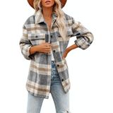 Revers lange mouwen flanel check shirt losse casual vest jack voor dames (kleur: lichtgrijs Maat: L)