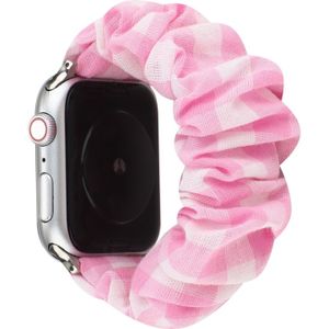 Voor Apple Watch Series 5 & 4 44mm / 3 & 2 & 1 42mm Plaid Pattern Cloth +Stainless Steel Hair Ring Watchband(Pink)