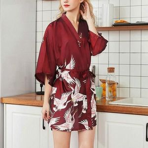Womens Summer Print Kimono Robe Satin Lace Gown Fashion Sleepwear  Size:XL(Red)