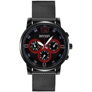 SANDA 5009 Business Fashion Three Eye Six Needle Casual Lederen Waterdichte Mannen Quartz Horloge (Black Mesh Belt)