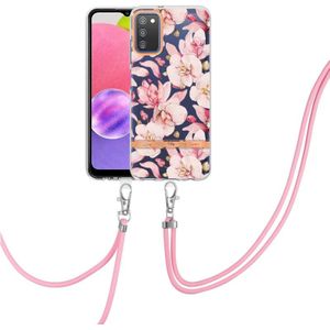 Voor Samsung Galaxy A03S 166mm Bloemen Serie TPU Telefoonhoesje met Lanyard (Pink Gardenia)