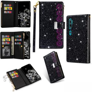 Voor Xiaomi Note 10 Pro Multi-card Slots Starry Sky Laser Carving Glitter Zipper Horizontale Flip Lederen Case met Holder & Wallet & Lanyard(Zwart)