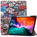 Gekleurde tekening horizontale flip TPU + PU lederen behuizing met drie-opvouwbare houder / slaap / wake-up functie & pen sleuf voor iPad Pro 12.9 (2021) (Graffiti)