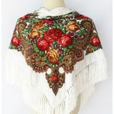Kaki etnische stijl retro kwast vierkante sjaal bloem patroon hoofddoek sjaal  grootte: 90 x 90cm