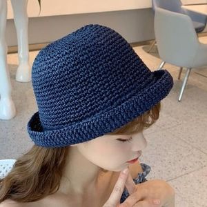 Lente en zomer dames Curlable visser hoed stro weven strand-hoed  maat: M (56-58cm) (Navy)