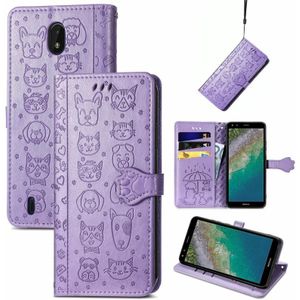 Voor Nokia C01 Plus Mooie Kat en Hond Embossing Patroon Horizontale Flip Leren Case  met Houder & Card Slots & Portemonnee & Cartoon Clasp & Lanyard (Paars)