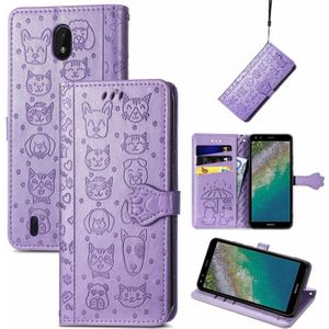 Voor Nokia C01 Plus Mooie Kat en Hond Embossing Patroon Horizontale Flip Leren Case  met Houder & Card Slots & Portemonnee & Cartoon Clasp & Lanyard (Paars)