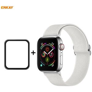 Voor Apple Watch Series 6 / 5 / 4 / SE 44mm Hat-Prince ENKAY 2 in 1 verstelbare flexibele polyester horlogeband + full screen full glue PMMA gebogen HD screen protector (wit)