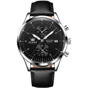 OLEVS 2880 heren multifunctioneel zakelijk waterdicht lederen band quartz horloge (zwart + zilver)