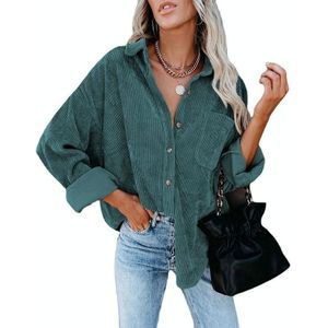 Effen kleur revers lange mouwen corduroy los casual shirt met zakken voor dames (kleur: groen formaat: s)