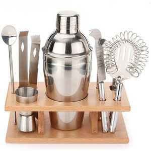 9 in 1 roestvrijstaal cocktail shaker tools set met houten bevestiging  capaciteit: 550ml