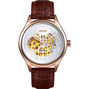 SKMEI 9209 Men Business Automatische Mechanische Horloge Ronde Holle Wijzerplaat Lederen Horloge horloge (RosGoud zilver)