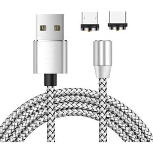 2 in 1 USB naar Micro USB + USB-C / Type-C Magnetic Metal Connector Nylon Two-color Gevlochten magnetische datakabel  kabellengte: 1m (zilver)