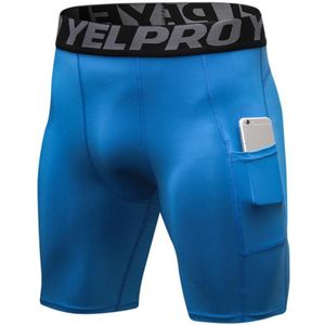 Sport running training zweet wicking sneldrogende stretch strakke shorts met zak (kleur: blauwe maat: XXL)