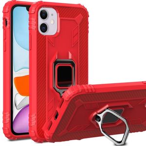 Voor iPhone 12 5 4 inch carbon fiber beschermhoes met 360 graden roterende ringhouder(Rood)