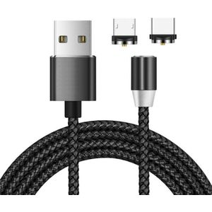 2 in 1 USB naar Micro USB + USB-C / Type-C Magnetic Metal Connector Nylon Two-color Gevlochten magnetische datakabel  kabellengte: 1m (zwart)