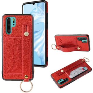 Voor Huawei P30 Glitter Powder PU+TPU Schokbestendige beschermhoes met houder & kaartslots & polsband(rood)