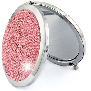 Diamant-ingelegde metalen dubbele kant vouwen mini draagbare ronde kleine make-up spiegel (roze)