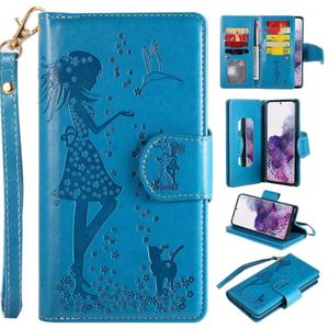 Voor Samsung Galaxy S20+ Woman en Cat Embossed Horizontal Flip Leather Case  met Card Slots & Holder & Wallet & Photo Frame & Mirror & Lanyard(Blue)