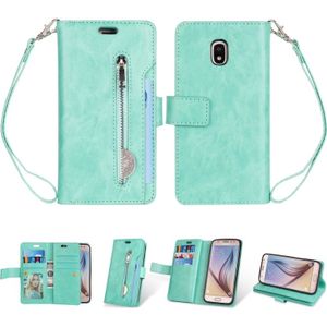 Voor Samsung Galaxy J3 (2018) / Galaxy J7 (2018) Multifunctionele Rits Horizontale Flip Lederen case met Holder & Wallet & 9 Card Slots & Lanyard(Mint Green)