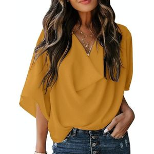 Solid Color Losse V-hals Bat Sleeve T-shirt met korte mouwen voor vrouwen (Kleur: Kurkuma Grootte: XL)