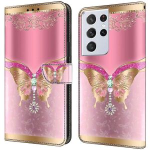 Voor Samsung Galaxy S21 Ultra Crystal 3D schokbestendig beschermend lederen telefoonhoesje (roze onderkant vlinder)