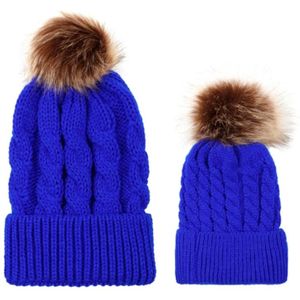 2 in 1 herfst en winter ouder-kind hoed set warme twist textuur gebreide muts met wol bal  grootte: ouder-kind (Royalblue)