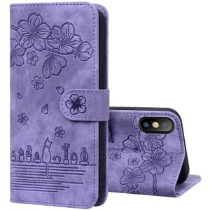 Cartoon Sakura Cat Embossed Leather Case For iPhone XS Max(Purple)