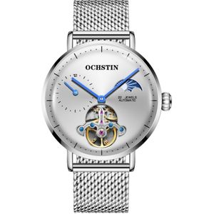 OCHSTIN 6121 Vliegwiel mechanische Horloge Fashion Hollow Full Automatic Mechanische Horloge Business Men Watch roestvrij stalen horloge waterdicht horloge (wit)